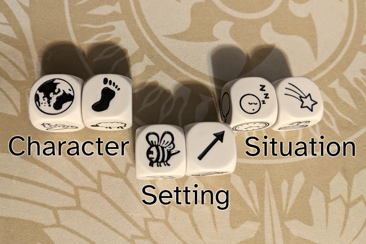 Three pairs of Rory's Story Cubes showing the Earth & a bare footprint, a bee & a pointing arrow, and a snoring smiley face & a shooting star. They're labeled "Character," "Setting," and "Situation."