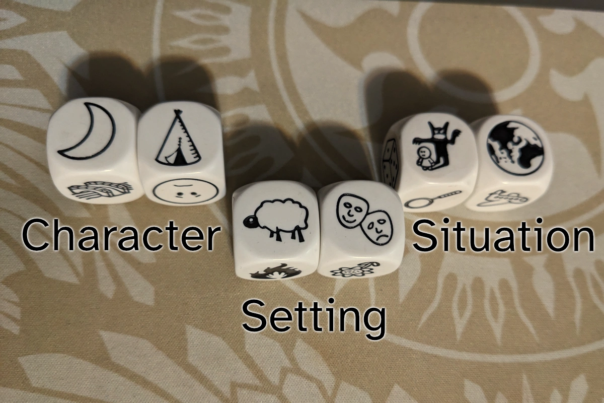 Three pairs of Rory's Story Cubes showing the moon & a teepee, a sheep & a pair of drama masks, and a monstrous shadow emanating from a person & the Earth. They're labeled "Character," "Setting," and "Situation."